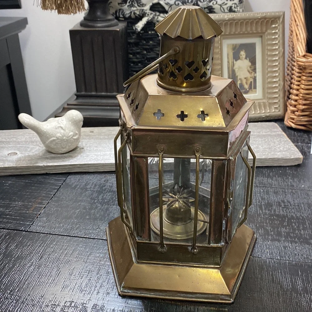 India Vintage Solid Brass Hexagonal Oil Lantern Decorative Accent!